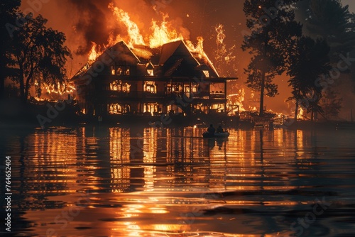 A lakeside retreat becomes ablaze, the flames reflected in the tranquil waters