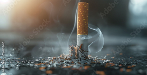 Stop smoking cigarettes concept. Smoking cigarettes are placed on wooden floors, With broken on the crush.Ai 