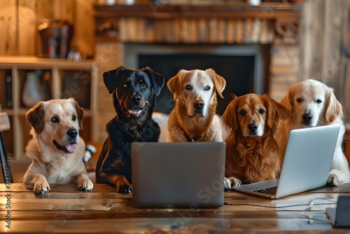 Dogs having a virtual meeting on a laptop discussing business matters and providing remote assistance. Concept Dog Business Meeting, Remote Assistance, Virtual Conference, Canine Consultants photo
