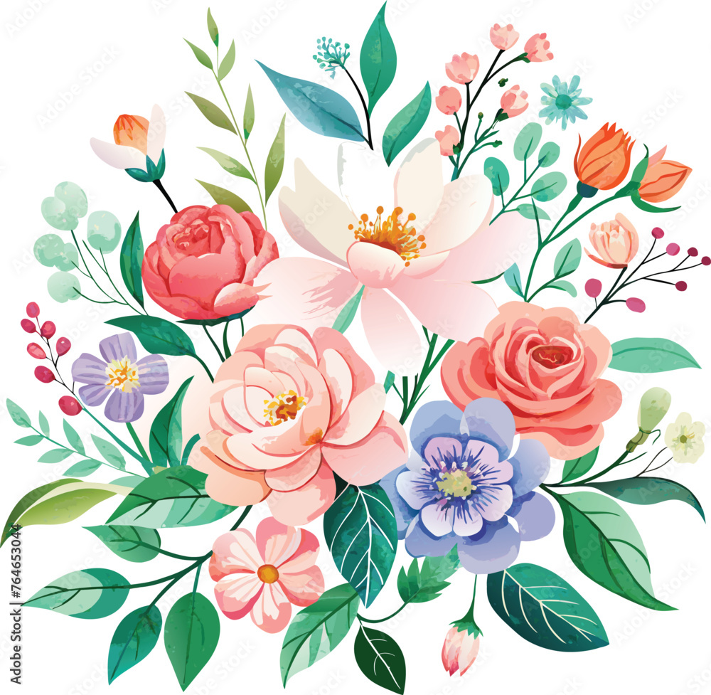 Vector illustration of watercolor floral bouquet with roses, peonies and leaves