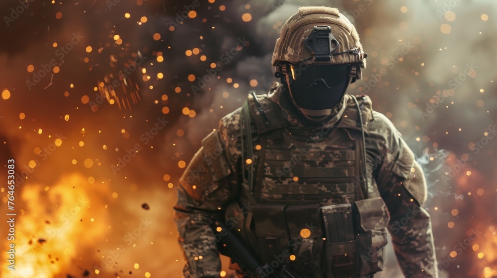 Special forces soldier equipped with battle armor in a combat zone Special forces soldier equipped with battle armor in a combat zone