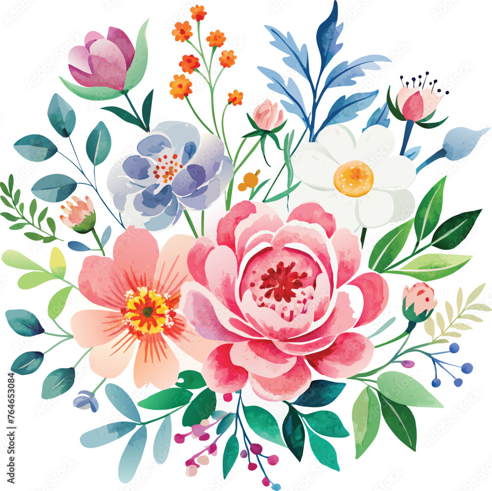 Watercolor floral bouquet with flowers and leaves. Vector illustration.