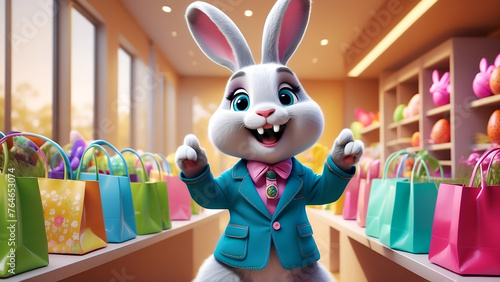 Cute stylish cartoon Easter bunny with packages for festive purchases.