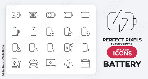Battery simple minimal thin line icons. Related power, electrical, charger, energy. Editable stroke. Vector illustration.