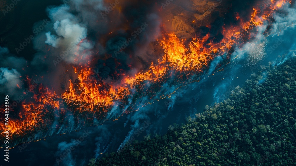 Aerial view of burning forest at sunset. Natural disaster and ecology concept