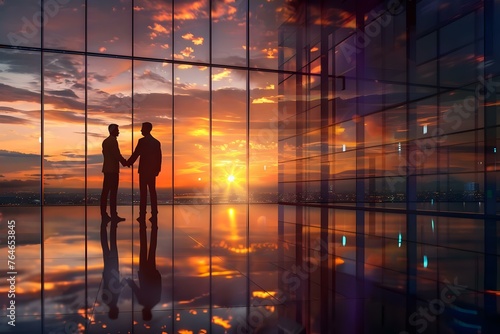 Two businessmen sealing a successful partnership with a handshake in a modern glass office at sunset. Concept Business Partners  Successful Deal  Handshake  Modern Office  Sunset