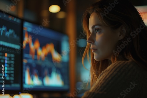 Thoughtful businesswoman examining fluctuating stock market charts on a glowing screen