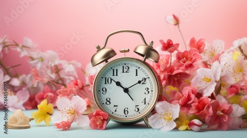Vintage alarm clock surrounded by many different beautiful flowers