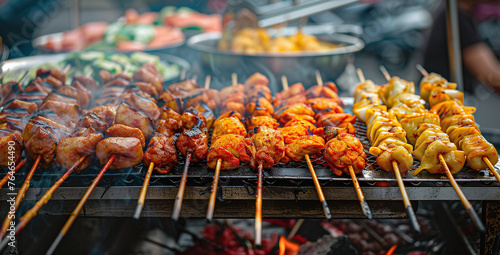 Grilling barbecue meat skewer kebab at traditional night market stall  delicious street food.Ai