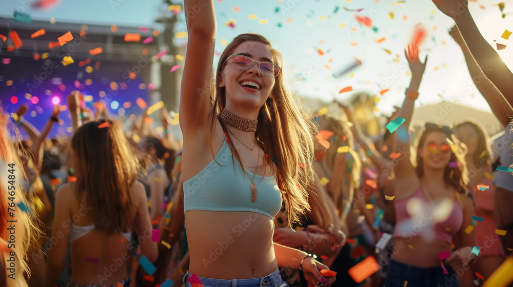 Obraz premium Cheerful young woman during a music festival on sunny day