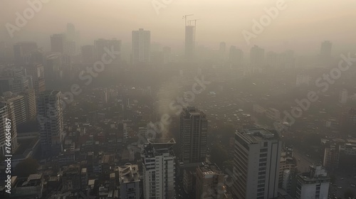 Unhealthy air, in an urban area, people wear masks.