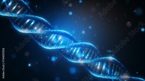 DNA helix, gene molecule spiral loop, 3D genetic chromosome cell. DNA molecule spiral of blue light on black background for molecular genetic science, genome biotechnology and health medicine
