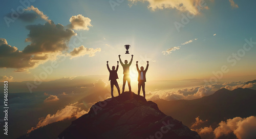 Success and achieving goals. Silhouette of businessman holding a trophy and flag on top of the mountain. concept of victory in competition Business and planning for future business growth.Ai 