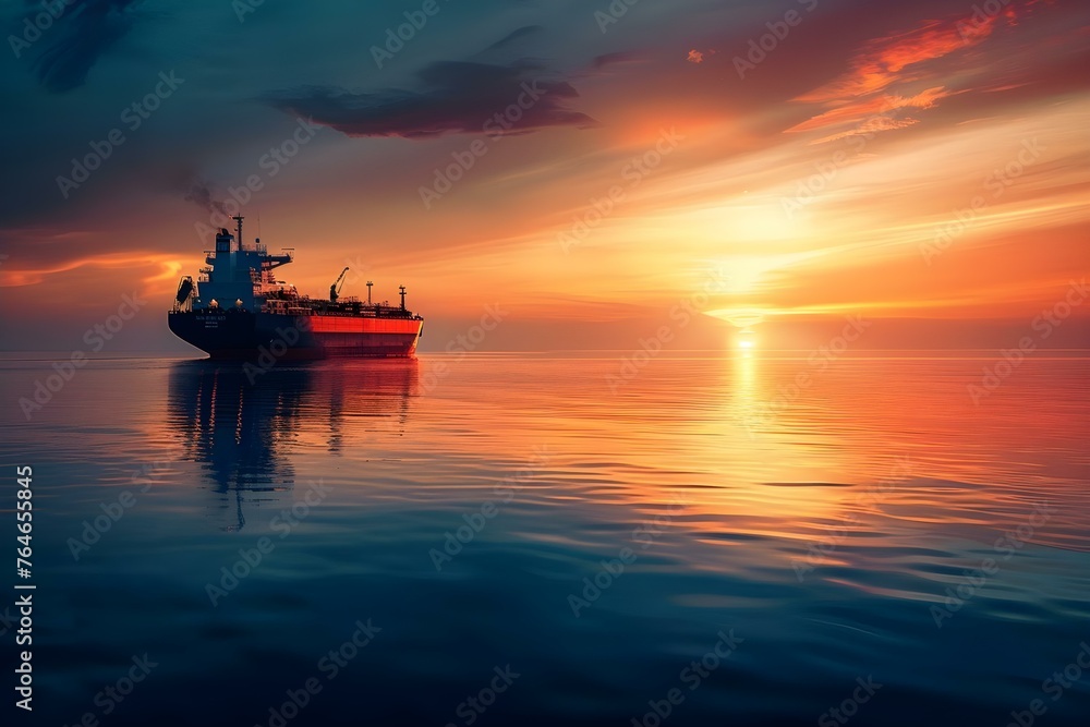 Global Trade and Logistics Symbolized by an Oil Tanker Sailing at Dusk: Wide Format Edit. Concept Global Trade, Logistics, Oil Tanker, Dusk, Wide Format Edit