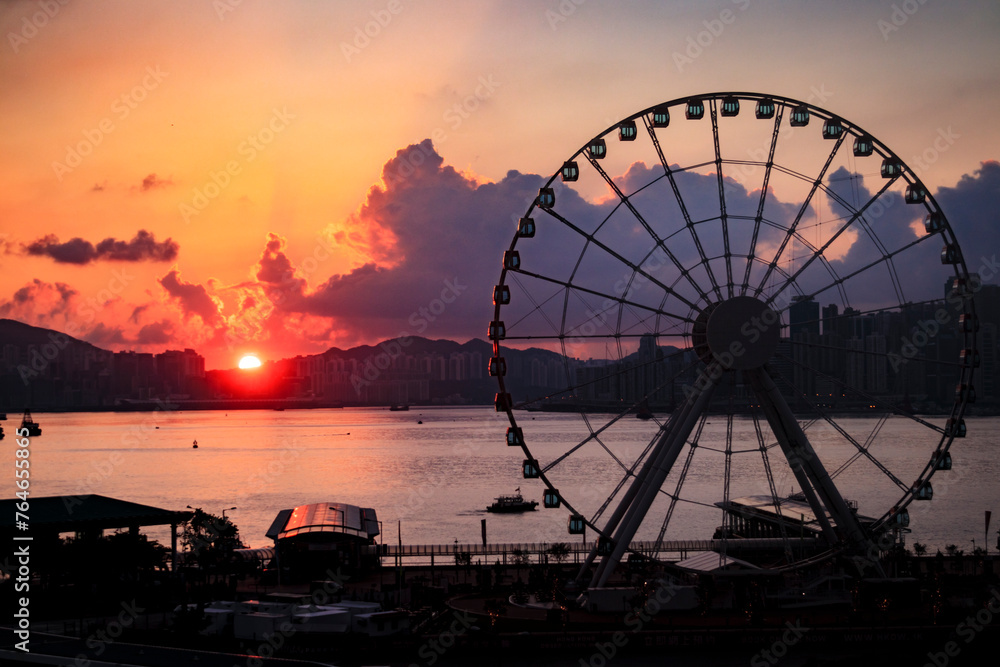 Sunrise Over Hong Kong’s Iconic Ferris wheel in the Central District