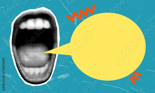 Artistic collage with a screaming mouth on a blue background and a yellow message. photo