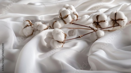 White cotton flowers plant on white cotton fabric background for sustainable fashion or organic products. Eco-friendly textile