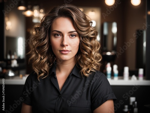 Portrait of a beautiful girl model blonde curly hair in hair salon spa