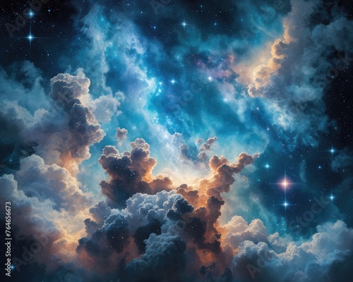 Beautiful blue cloudy sky at night with shining stars in space © Jeffrey