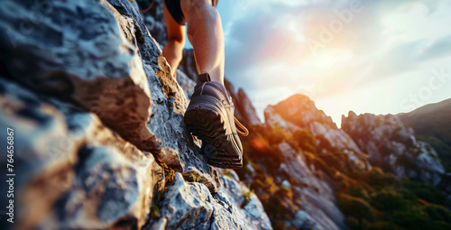 Closeup photo of male hiker legs.Hiker crossing rocky terrain at sunny day.Hiker crossing rocky terrain at sunny day.Ai