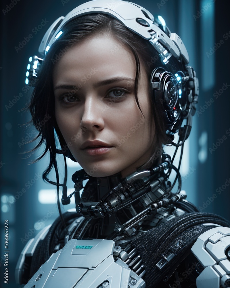 Futuristic cyber robot woman with headphones for sci-fi movie Futuristic cyber robot woman with headphones for sci-fi movie
