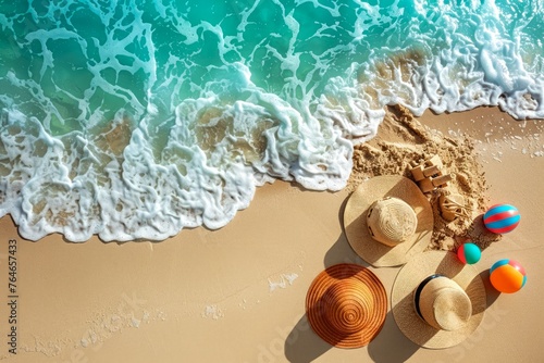 Tropical Beach Vacation Concept with Sand, Sea Waves, Sun Hat, and Colorful Balls on Sunny Shoreline photo