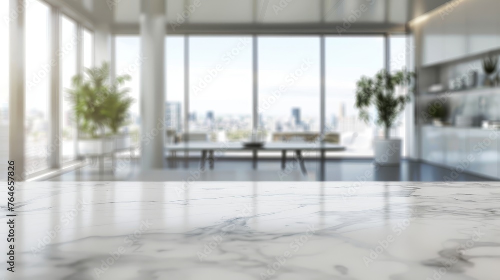 Fototapeta premium \White open space interior with marble countertop and a blurred modern workspace background