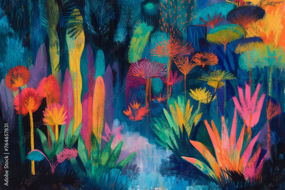 An abstract representation of an enchanted forest, alive with otherworldly plants rendered in a captivating riot of oil pastel colors, invoking a dreamlike ambiance. - obrazy, fototapety, plakaty 