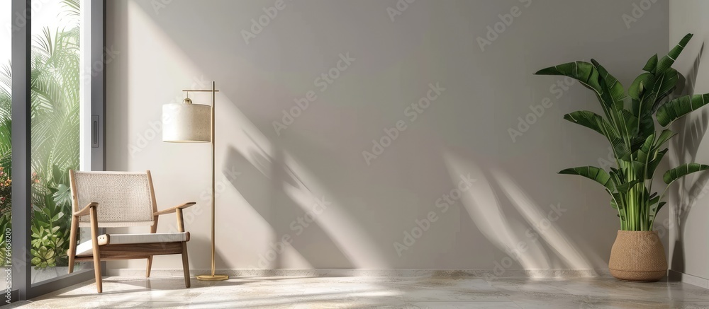 Fototapeta premium Indoor room featuring a spacious atmosphere with a prominent tall plant and a simple chair for relaxation