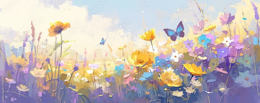 Abstract colorful background with flowers and blue butterflies, in the style of oil painting