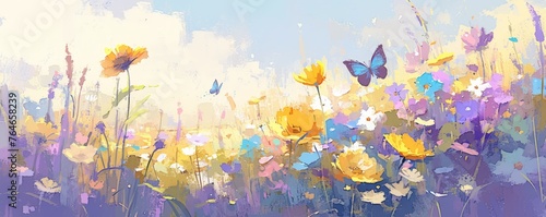 Abstract colorful background with flowers and blue butterflies, in the style of oil painting