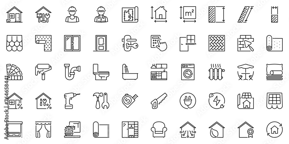 Line icons about home renovation as comprehensive reforms, rehabilitation, construction, architecture and interior design. Editable stroke and pixel perfect. - obrazy, fototapety, plakaty 
