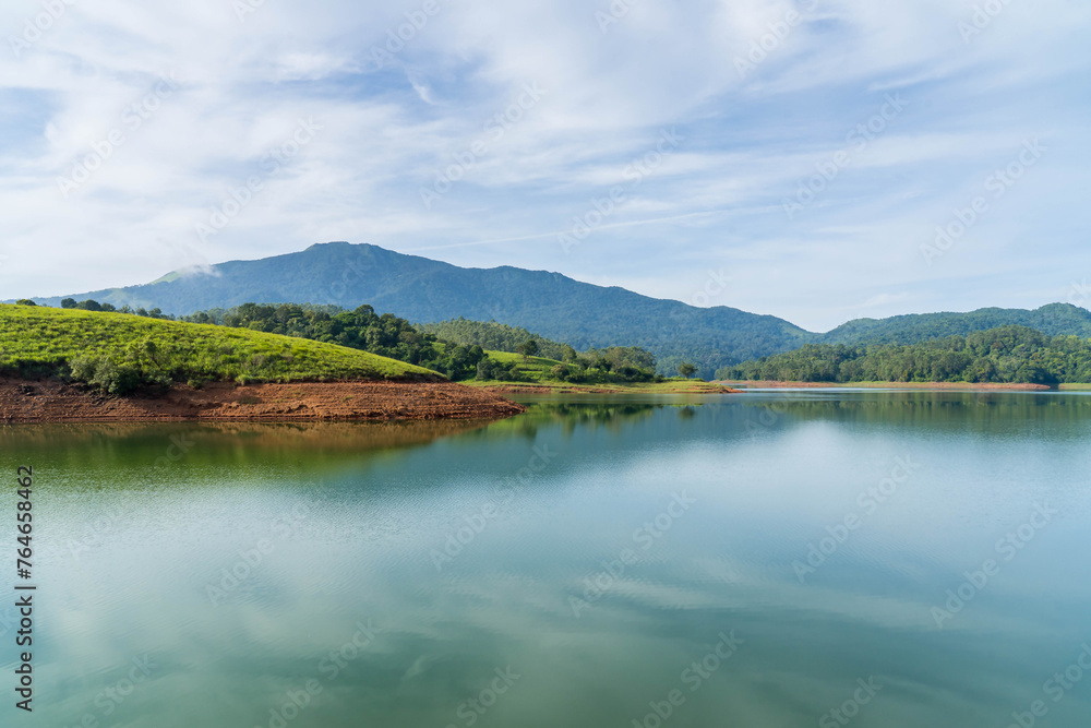Beautiful scenery of Wayanad with mountains and greenery beside Banasura Saggar Dam.