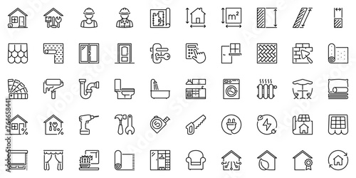 Line icons about home renovation as comprehensive reforms, rehabilitation, construction, architecture and interior design. Editable stroke and pixel perfect.