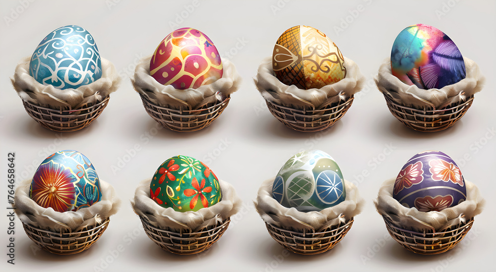 A collection of hand-painted and decorated Easter eggs in a colorful basket on a white background, perfect for holiday-themed designs and artwork A collection of hand-painted and decorated Easter eggs in a colorful basket on a white background, perfect for holiday-themed designs and artwork
