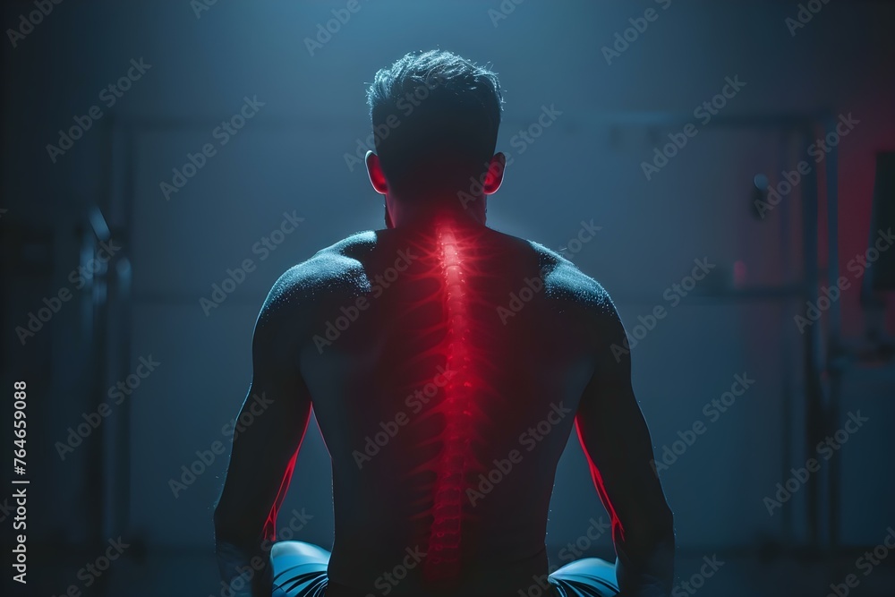 A persons back highlighted in red experiencing acute pain possibly from sports injuries or overtraining. Concept Back Pain, Sports Injuries, Overtraining, Pain Management, Physical Therapy - obrazy, fototapety, plakaty 