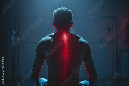 A persons back highlighted in red experiencing acute pain possibly from sports injuries or overtraining. Concept Back Pain, Sports Injuries, Overtraining, Pain Management, Physical Therapy