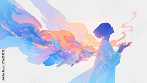 Abstract vector illustration of an angel with large, swirling colorful smoke behind it