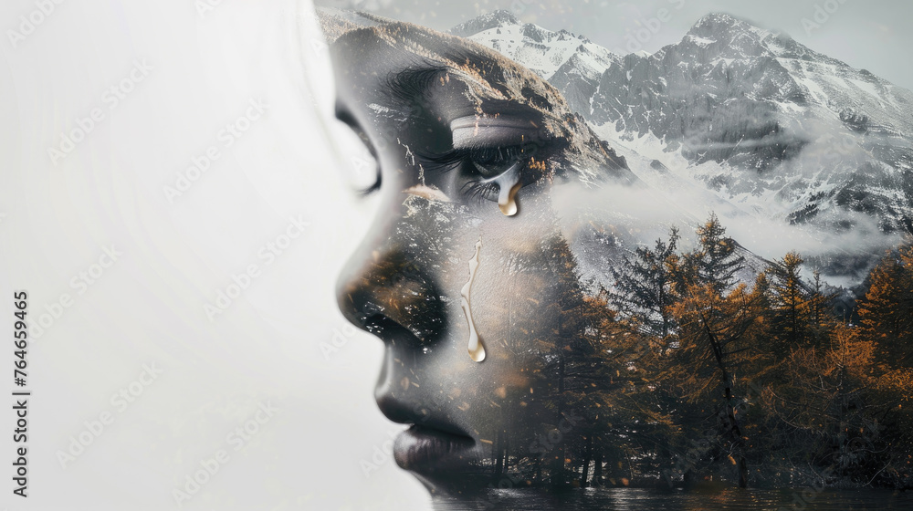 The girl is crying against the background of the forest. The girl is crying against the background of the forest.