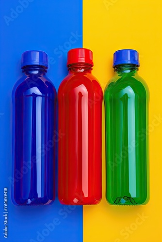 Bright plastic bottles on yellow with blue background