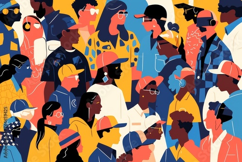 An abstract crowd of people, this vector illustration uses a flat design with simple shapes. The artwork is colorful, with no faces or bodies just outline silhouettes.
