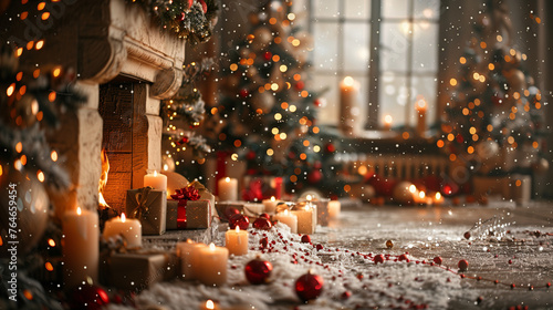 A cozy room filled with a warm glow from countless candles  illuminating a beautiful Christmas tree adorned with sparkling ornaments