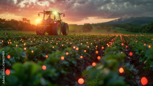 Tractor Driving Through Field at Sunset