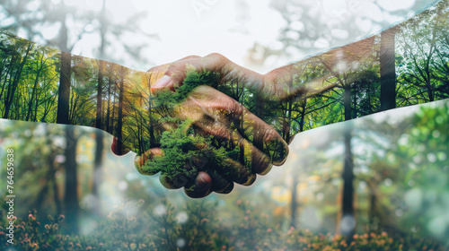 Handshake against the background of the forest.