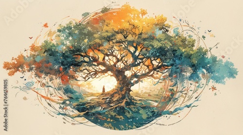 An abstract representation of the Tree, featuring watercolor elements and a central circular design 