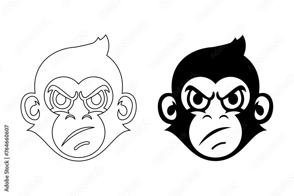 vector illustration sketch and silhouette of monkey head, isolated, black and white