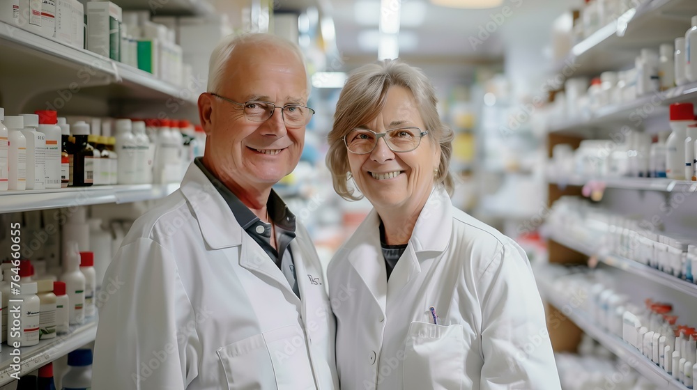Smiling senior pharmacists in white lab coats at pharmacy. healthcare professionals at work. experienced chemists in drugstore. trustworthy healthcare providers. AI Smiling senior pharmacists in white lab coats at pharmacy. healthcare professionals at work. experienced chemists in drugstore. trustworthy healthcare providers. AI