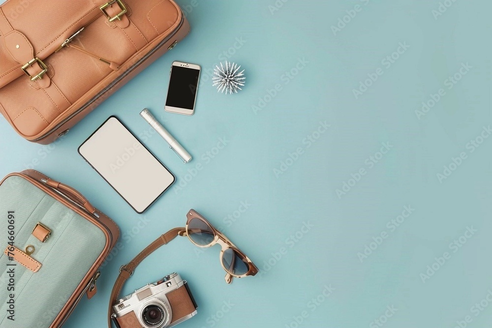  Minimalistic banner with a travel suitcase with travel accessories on a blue background with a free place to insert text, the concept of a vacation trip - obrazy, fototapety, plakaty 