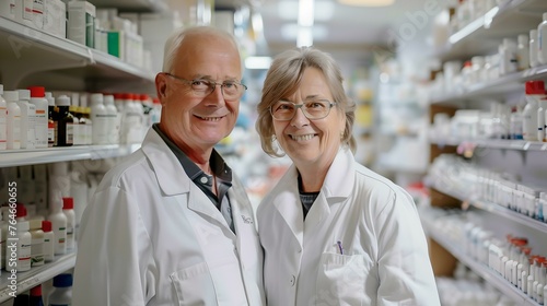 Smiling senior pharmacists in white lab coats at pharmacy. healthcare professionals at work. experienced chemists in drugstore. trustworthy healthcare providers. AI © Irina Ukrainets