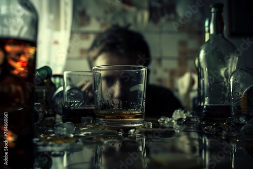 A person gazes into their reflection in a glass of alcohol amidst discarded bottles, symbolizing the turmoil and inner conflict of alcoholism.